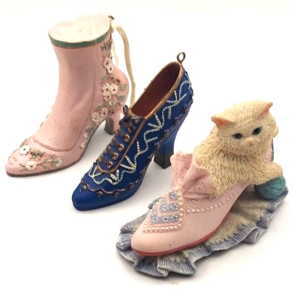 Victorian Shoe Boot Ornaments Westland Puss in Boots Figurine Set of 3 - Picture 1 of 10
